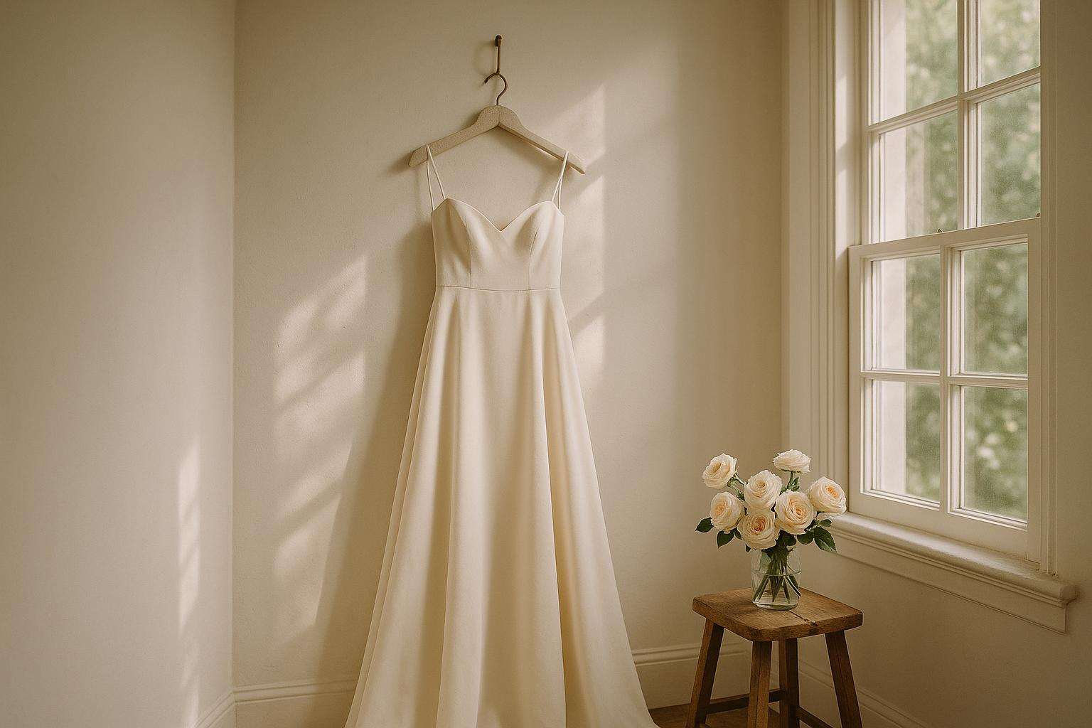 A pre-owned ivory ball gown on a padded hanger in a softly lit dressing room, surrounded by hanging garment bags and a small arrangement of white garden roses on a wooden stool