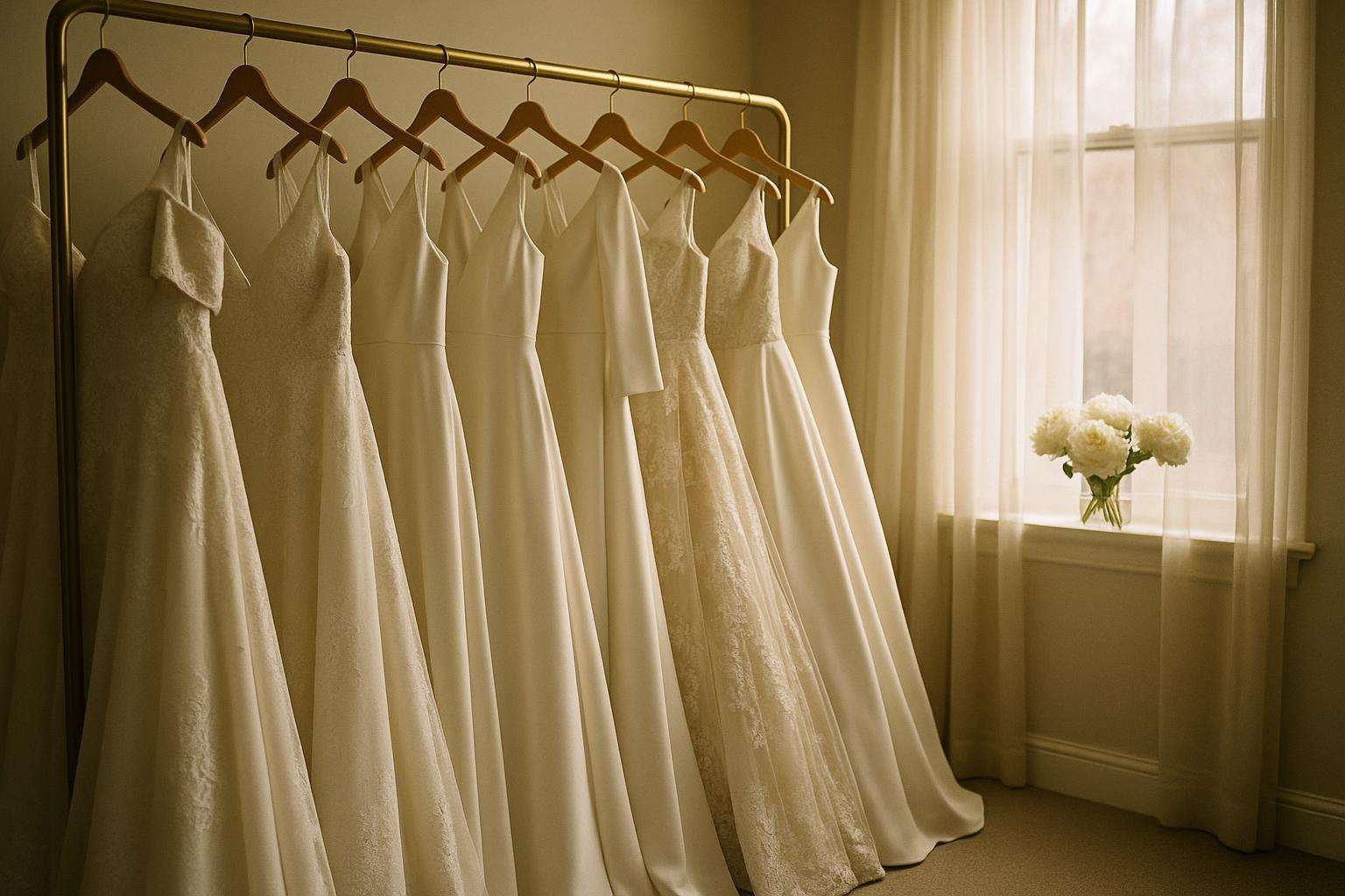 A rack of ivory and blush plus-size bridal gowns — A-line and ball gown silhouettes in lace and crepe — in a softly lit boutique dressing room with natural light and white florals on the windowsill