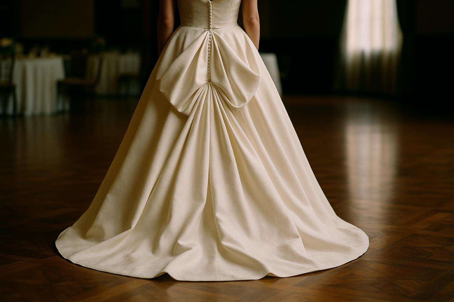 The back of an ivory ball-gown wedding dress with an elegant American over-bustle fastened at the waist, cascading in layered folds over a polished ballroom floor