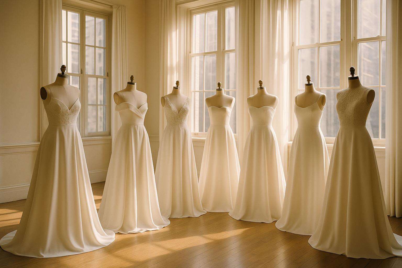 A row of bridal gown bodices on dressmaker's forms in a sunlit salon, displaying six distinct neckline styles from sweetheart to bateau