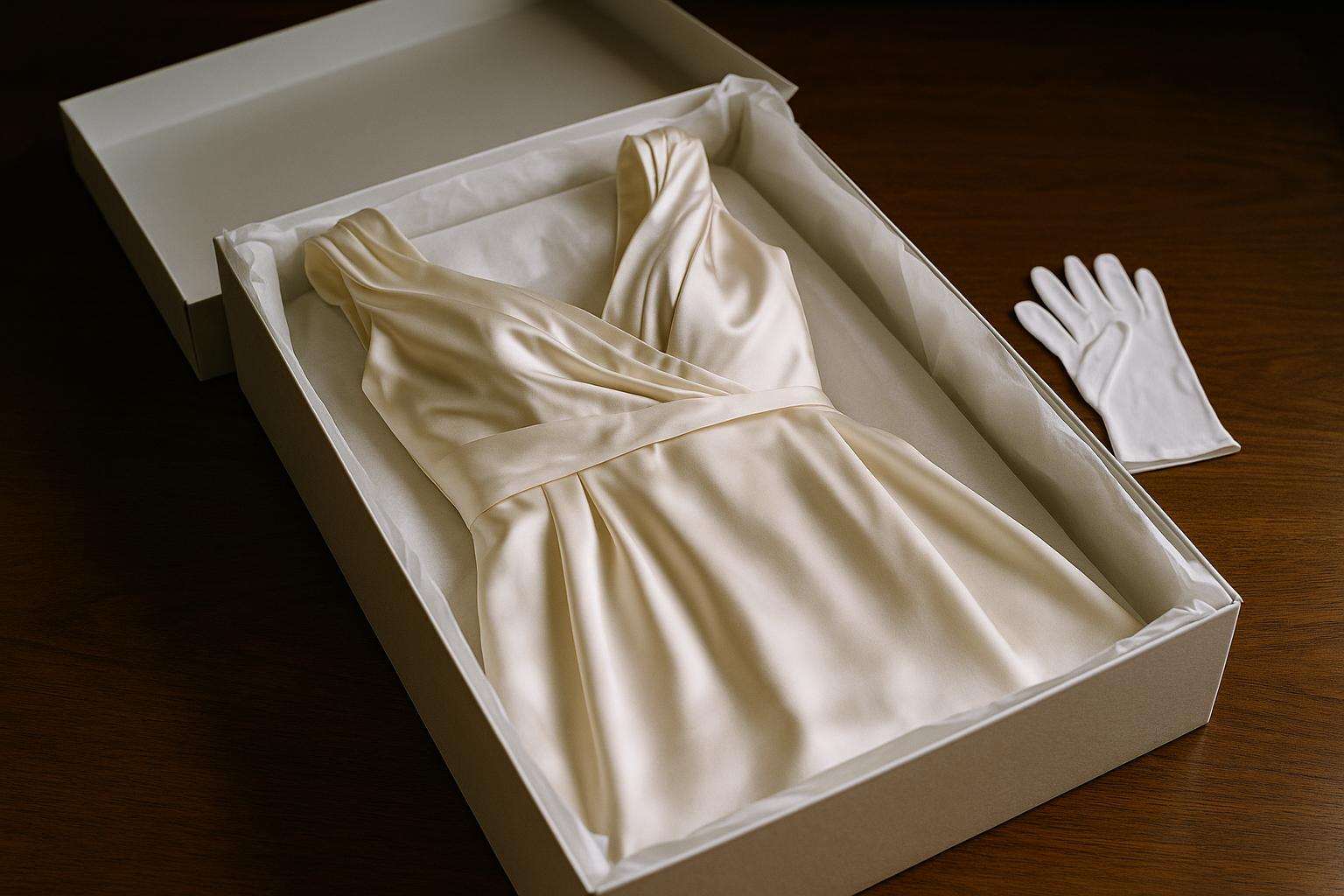 A freshly preserved ivory wedding gown nestled in an open acid-free archival chest, wrapped in white tissue paper, on a polished wooden surface in soft natural window light