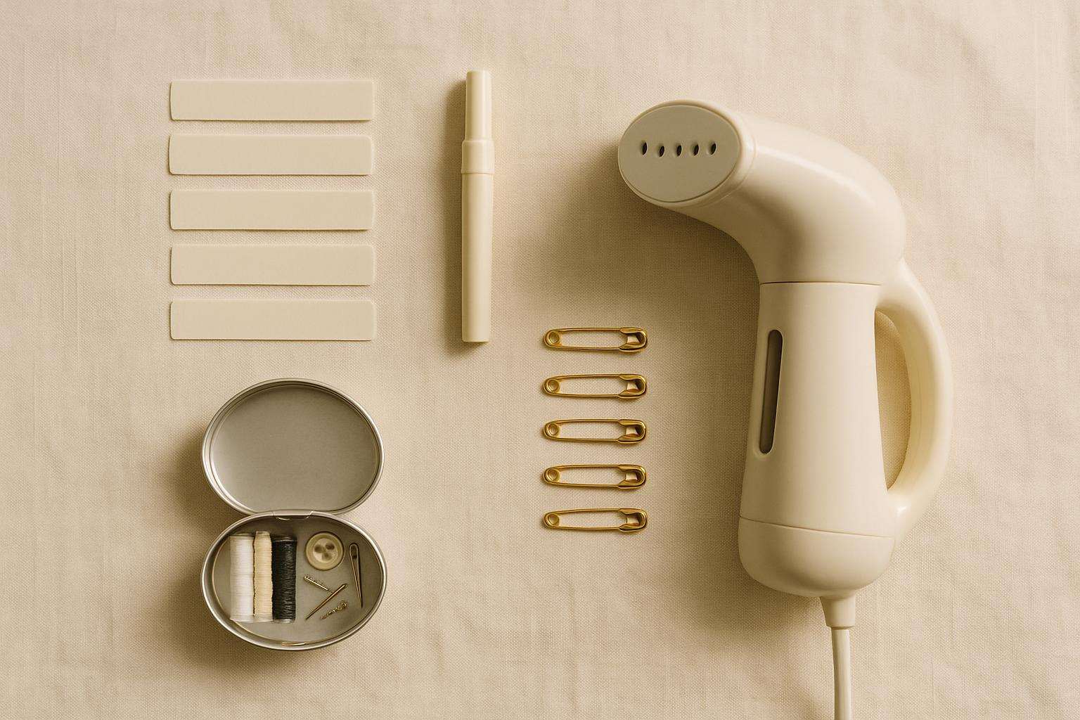 A neatly arranged bridal emergency kit laid flat — fashion tape, a stain pen, a sewing kit, safety pins, and a small steamer on a pale linen surface, soft natural light